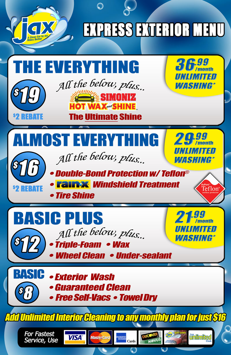 Jax Kar Wash Express-Exterior Menu