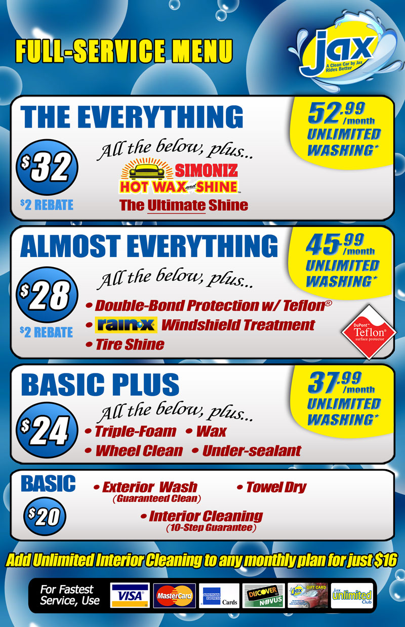 Jax Kar Wash Full-Service Menu